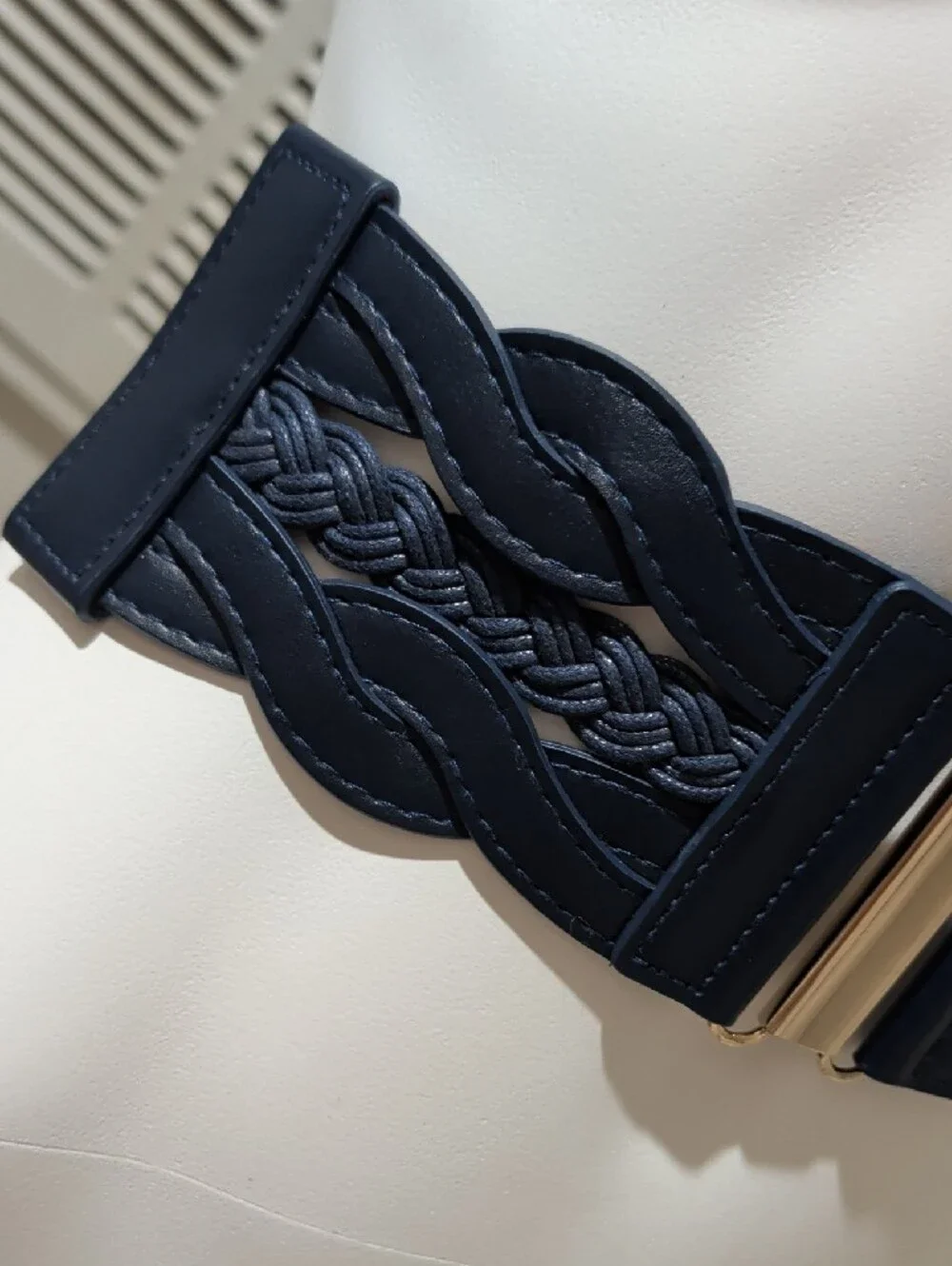 Navy Blue Elastic Braided Leather Wide Cinch Belt W/ Gold Accents 28